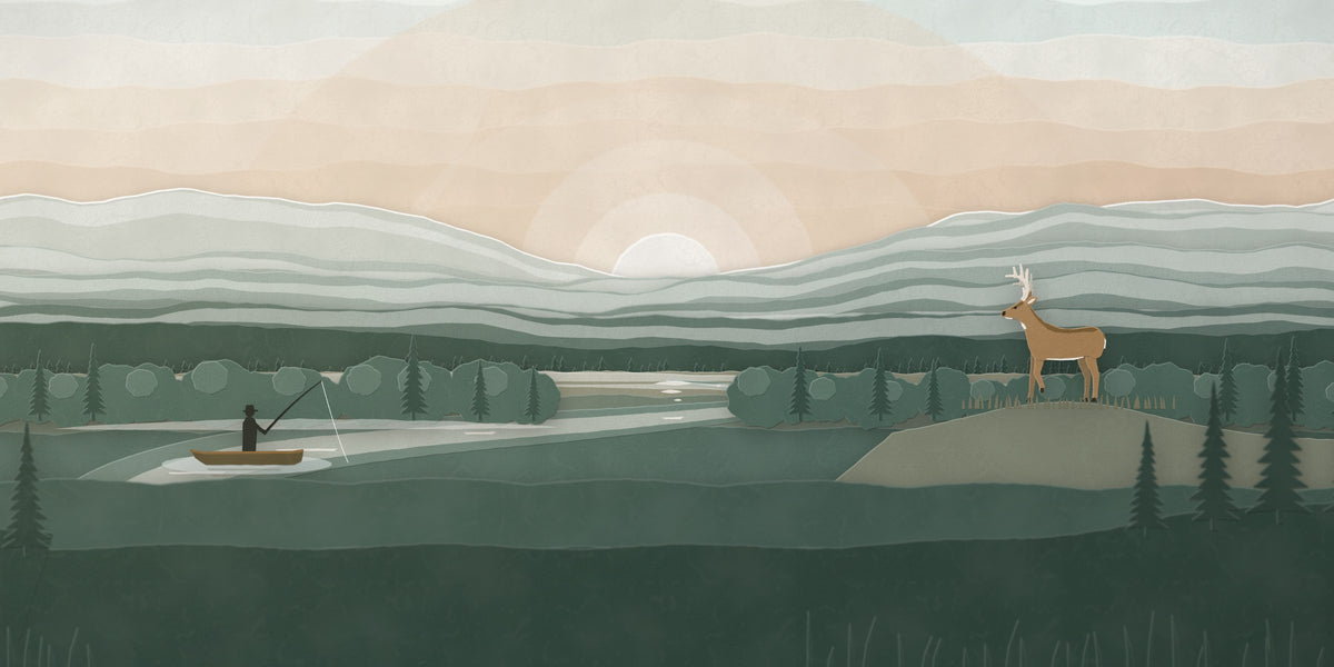 Paper-cut Blue Ridge Mountains panorama at sunrise over the James River